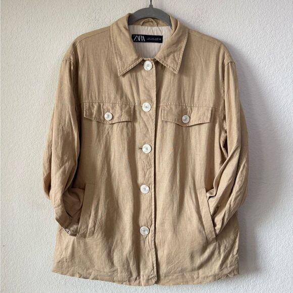 Zara Linen Blend Shacket Sz M Tan Button Up Lightweight Jacket Boho Minimalist - Picture 1 of 8